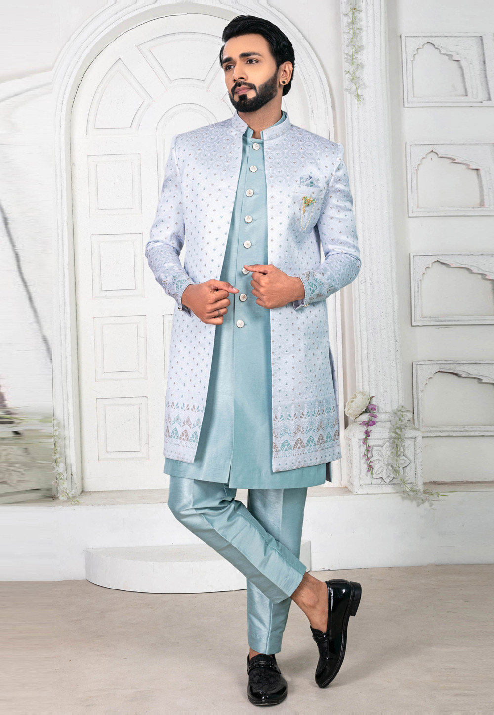 Sky Blue Jacquard Jacket Style Sherwani 269609