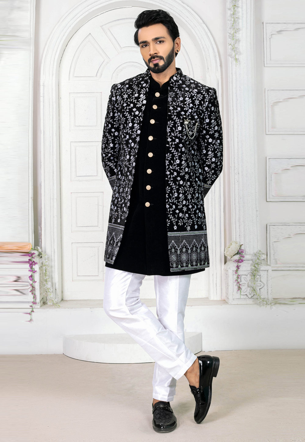 Black Velvet Jacket Style Sherwani 269611