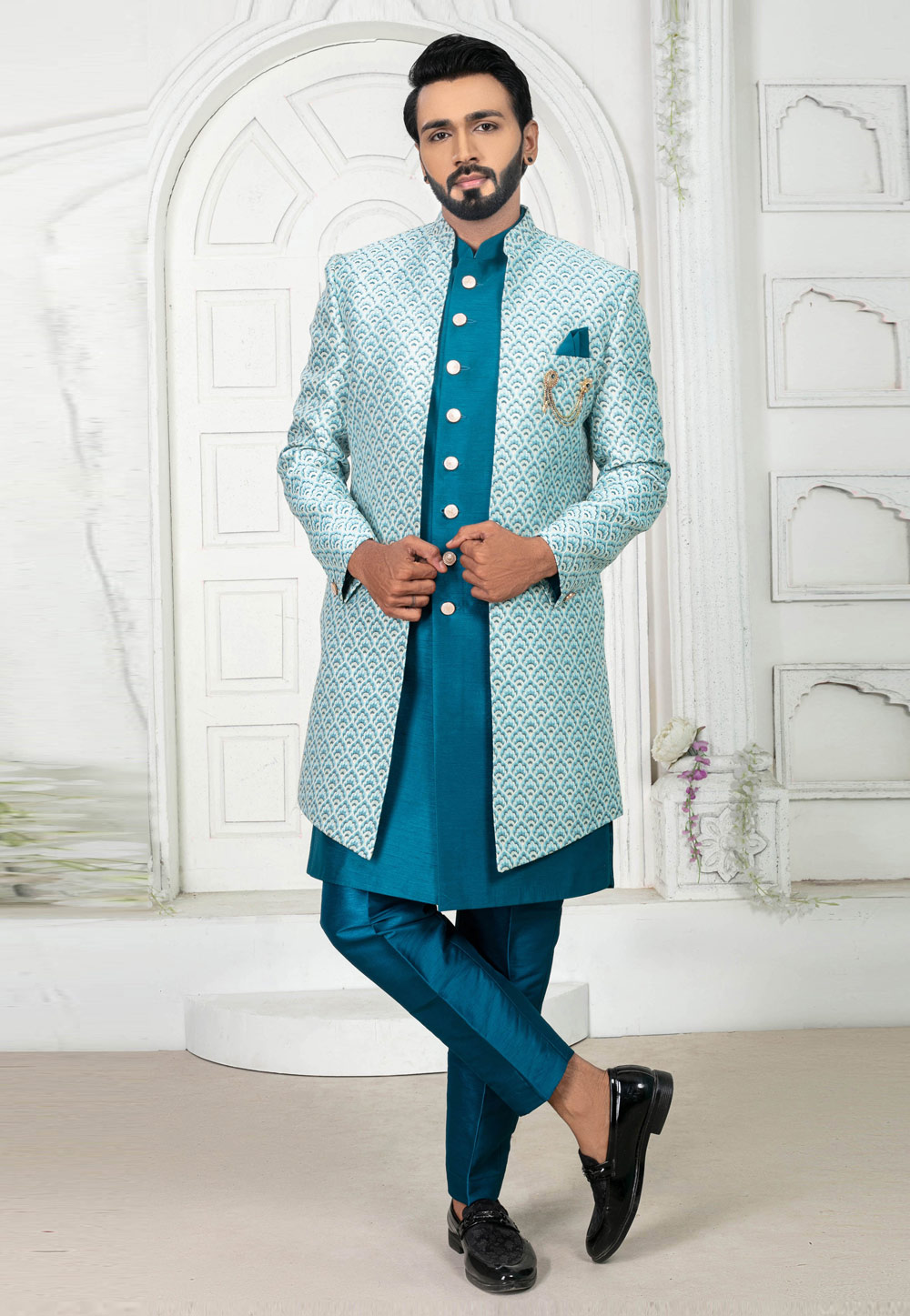Teal Jacquard Jacket Style Sherwani 269612