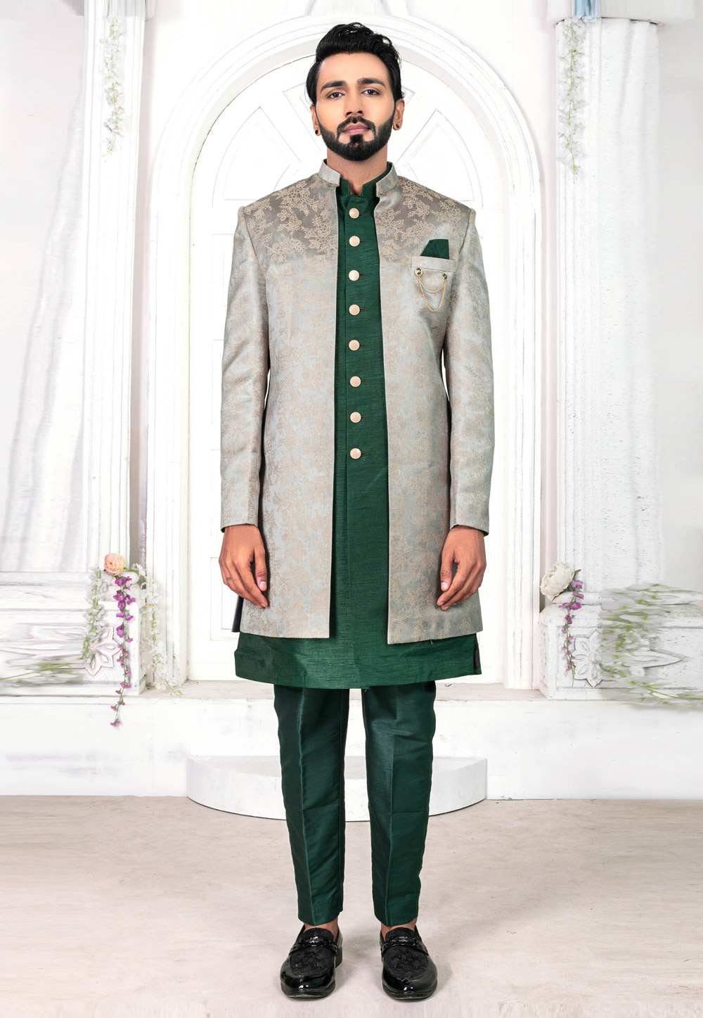 Green Jacquard Jacket Style Sherwani 269614