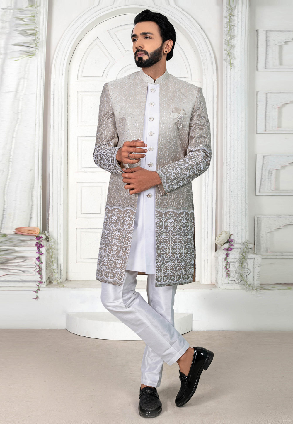 White Art Silk Jacket Style Sherwani 269618