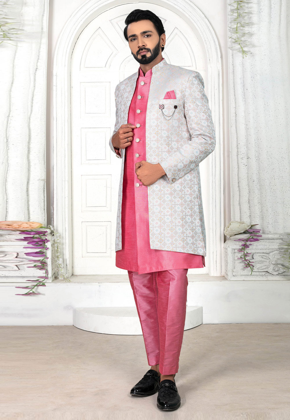 Pink Jacquard Jacket Style Sherwani 269619