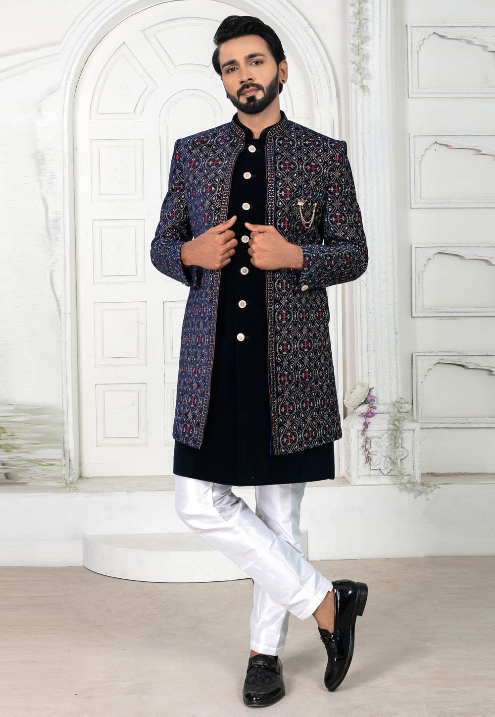 Black Velvet Jacket Style Sherwani 269621