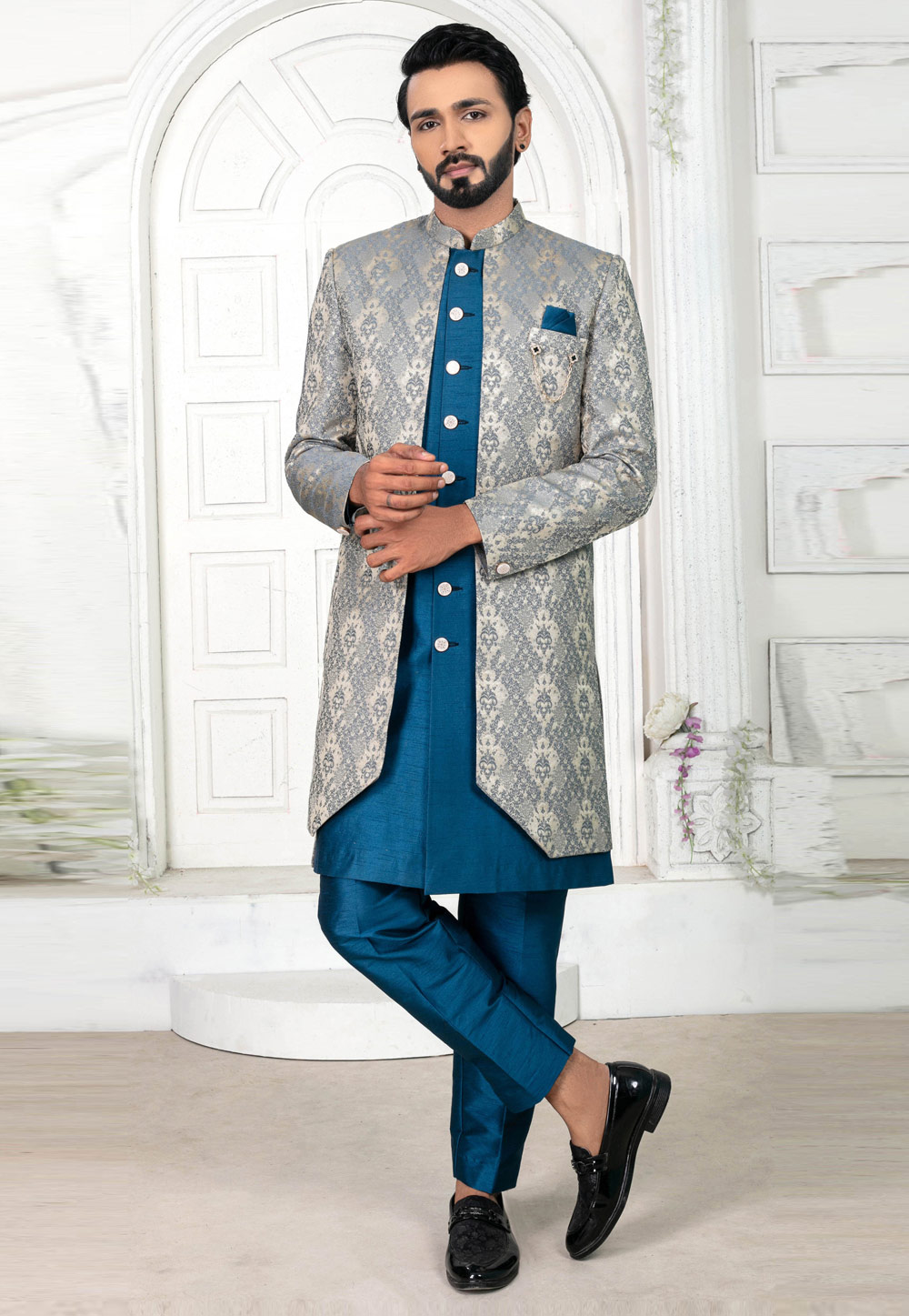 Teal Jacquard Jacket Style Sherwani 269622