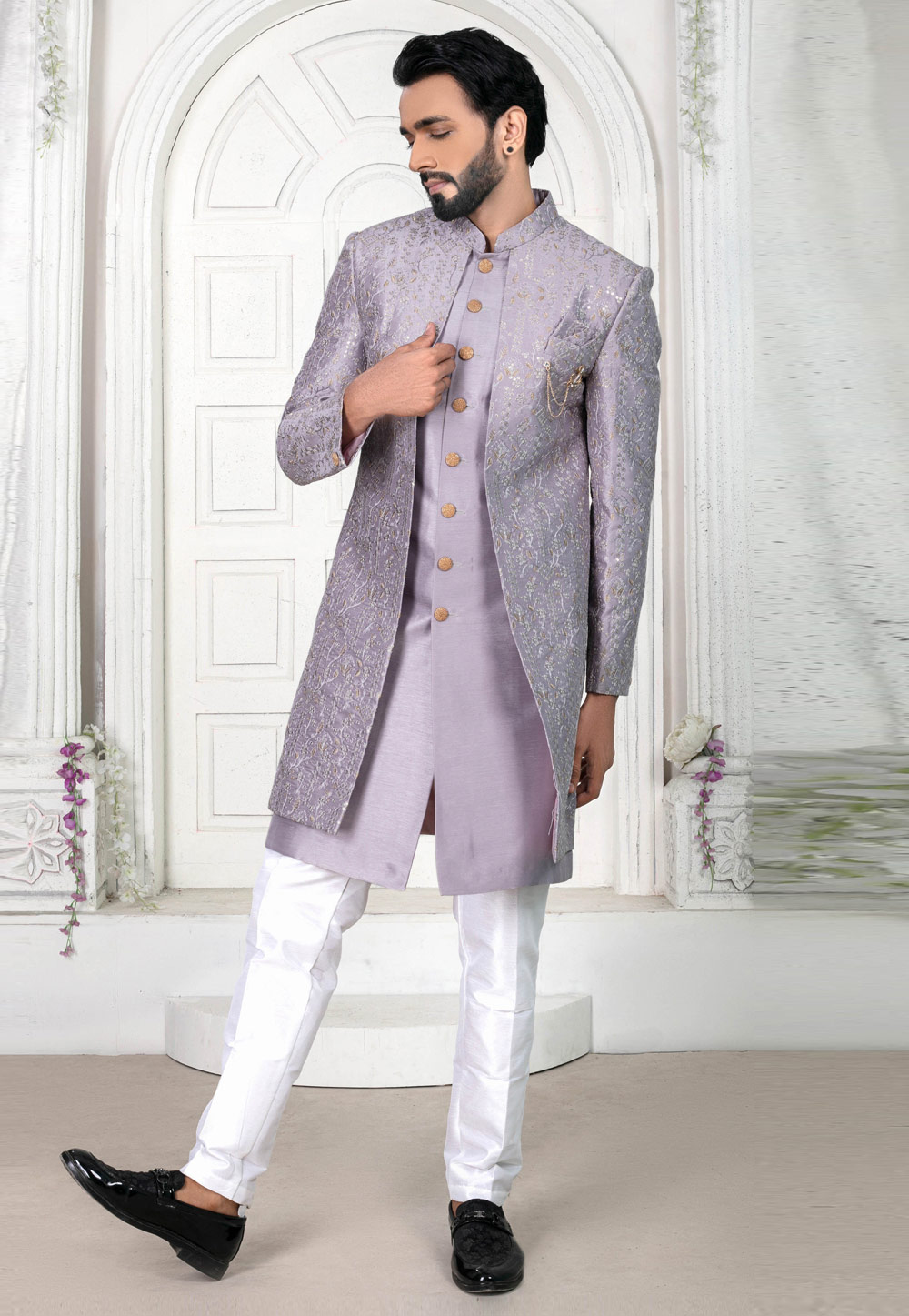 Lavender Silk Jacket Style Sherwani 269623