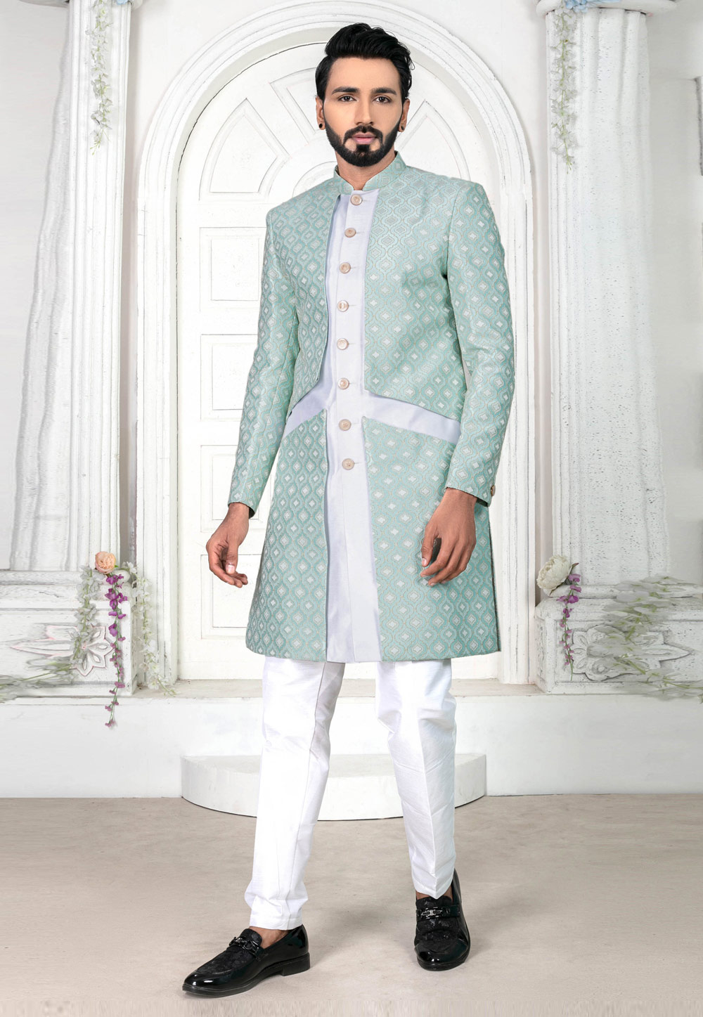 Off White Jacquard Indo Western Suit 269626