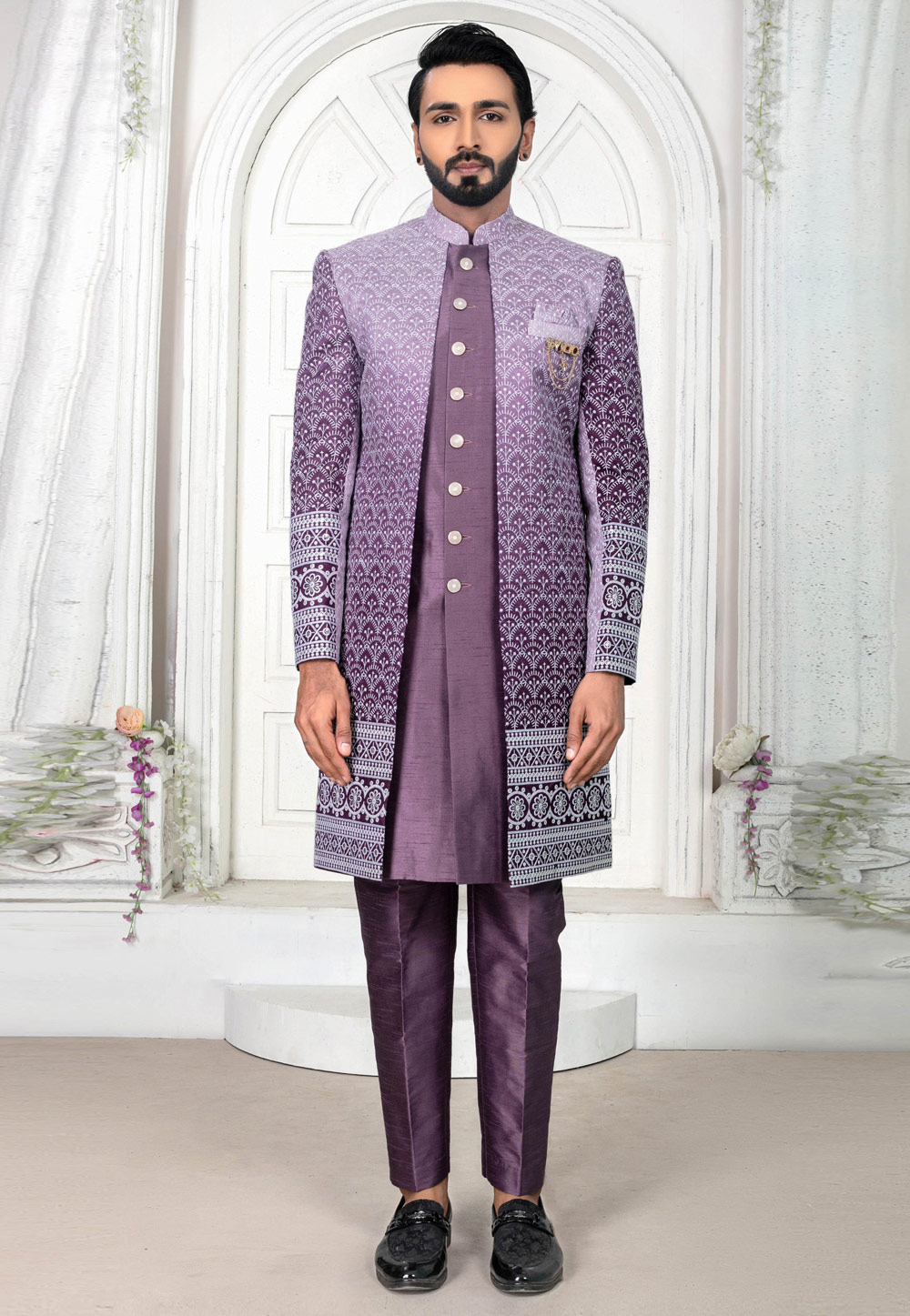 Light Purple Art Silk Jacket Style Sherwani 269628