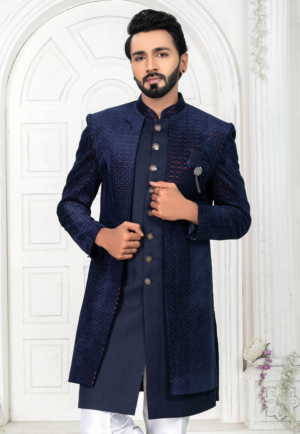 Blue sales velvet sherwani