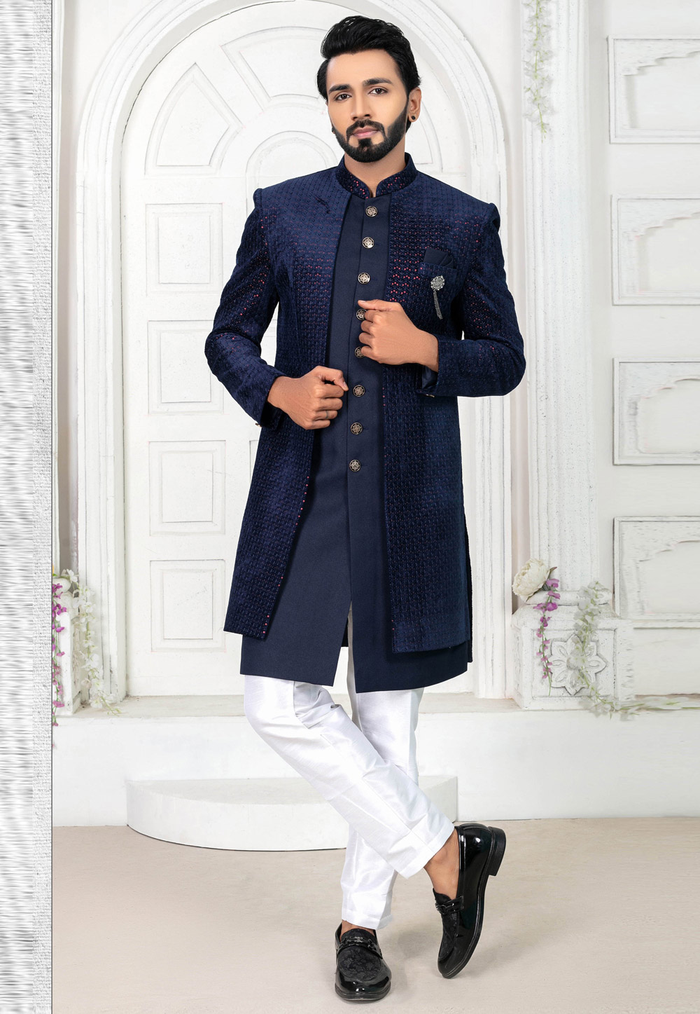Navy Blue Velvet Jacket Style Sherwani 269630