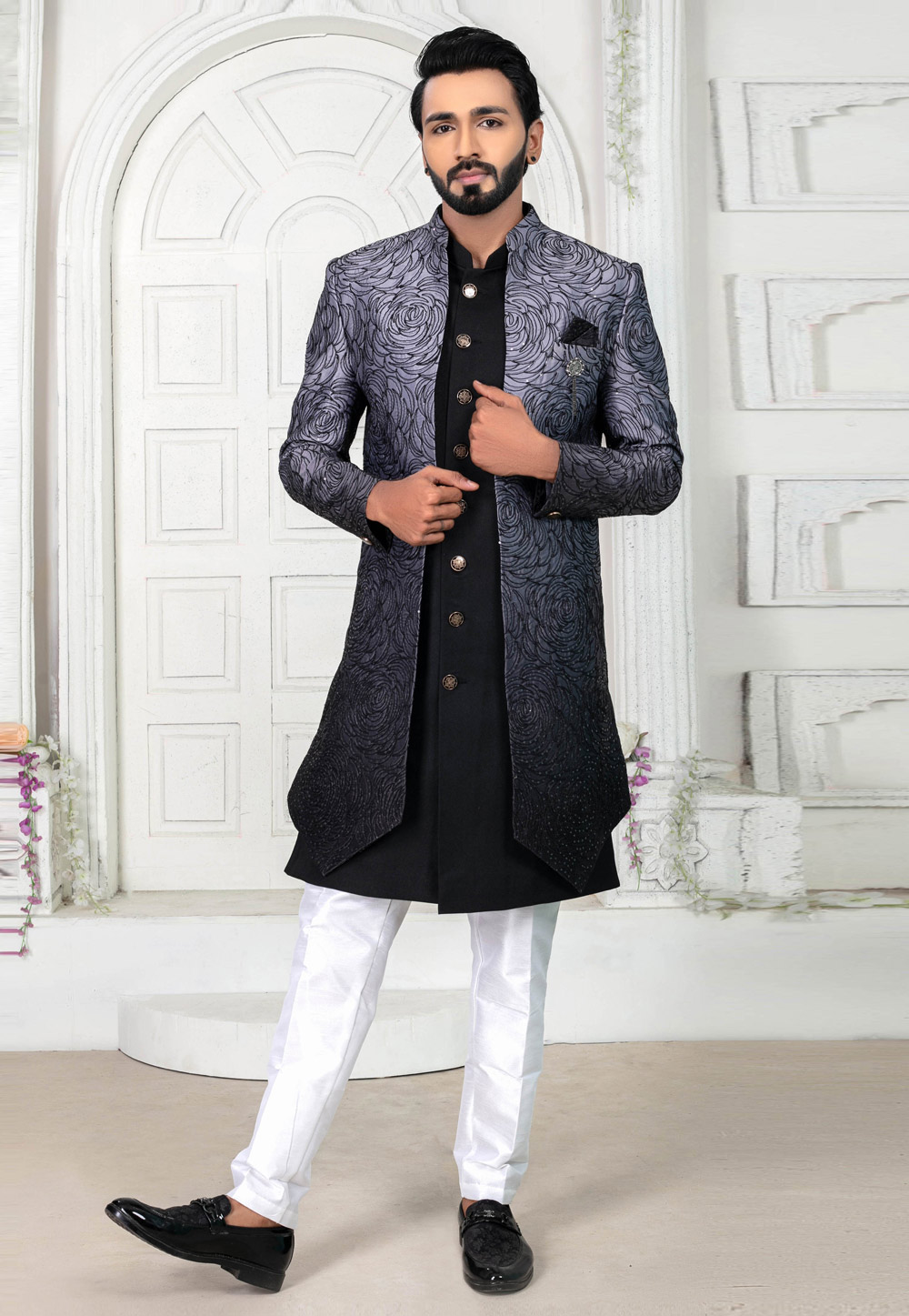 Black Art Silk Jacket Style Sherwani 269631