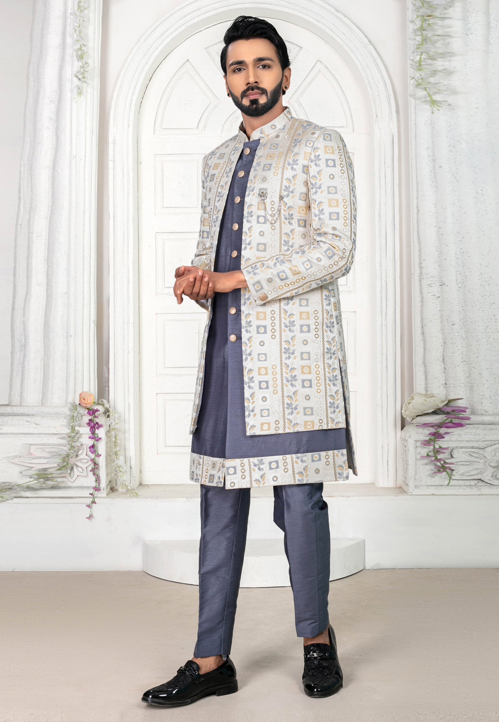 Grey Jacquard Jacket Style Sherwani 269633