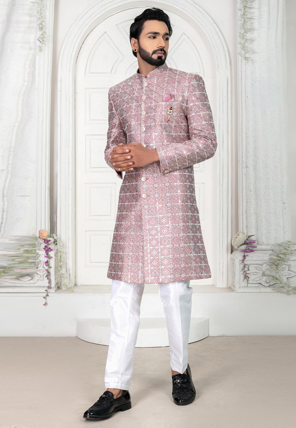 Pink Art Silk Achkan Style Sherwani 269634