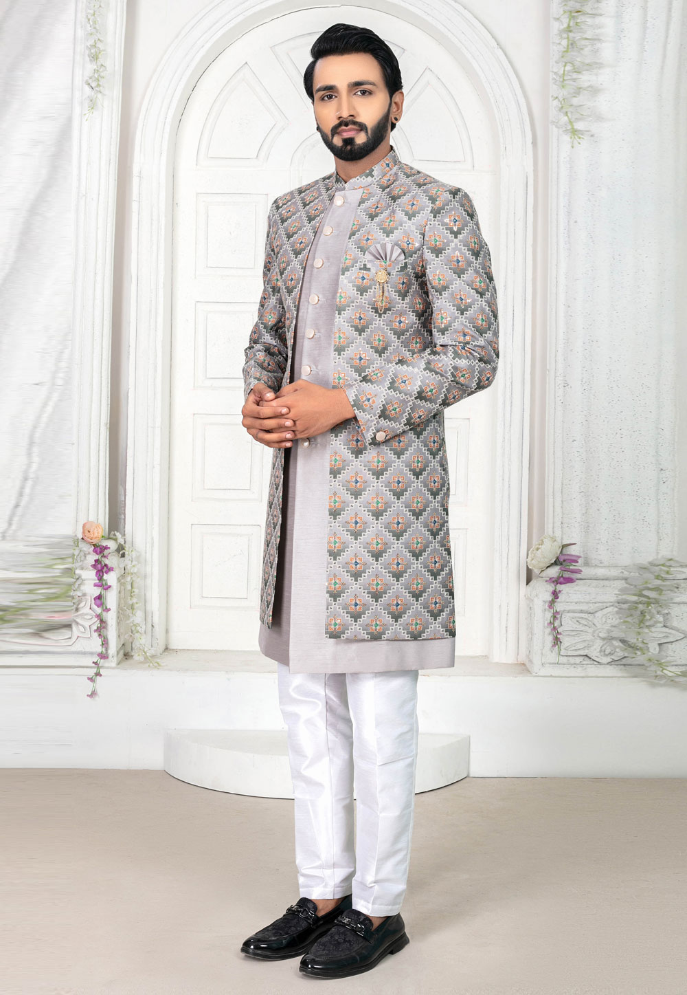 Off White Art Silk Jacket Style Sherwani 269635