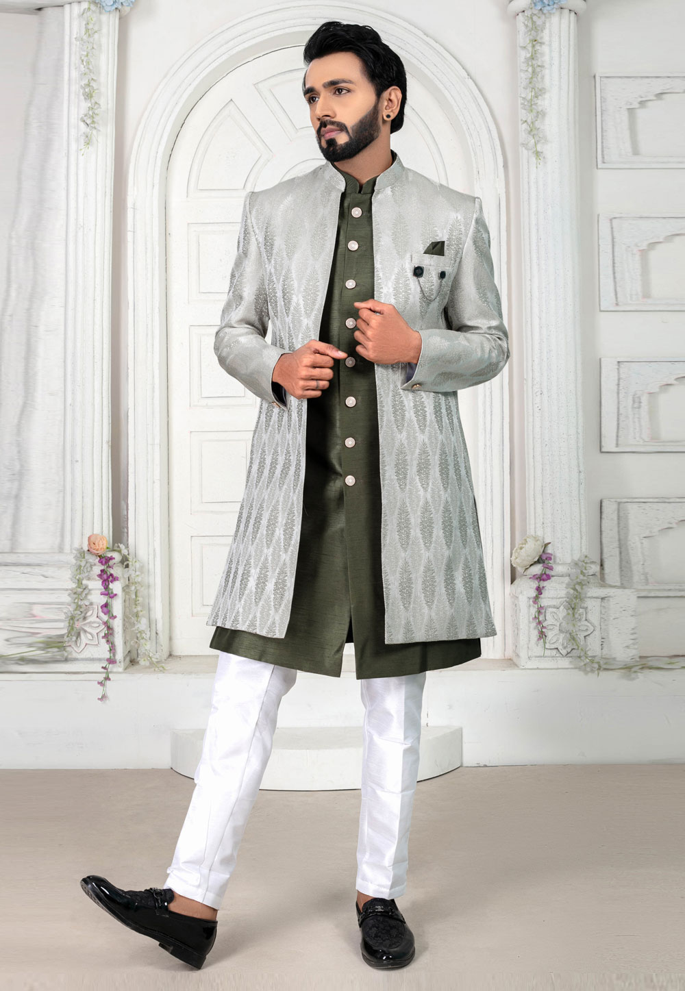 Camo Green Jacquard Jacket Style Sherwani 269636