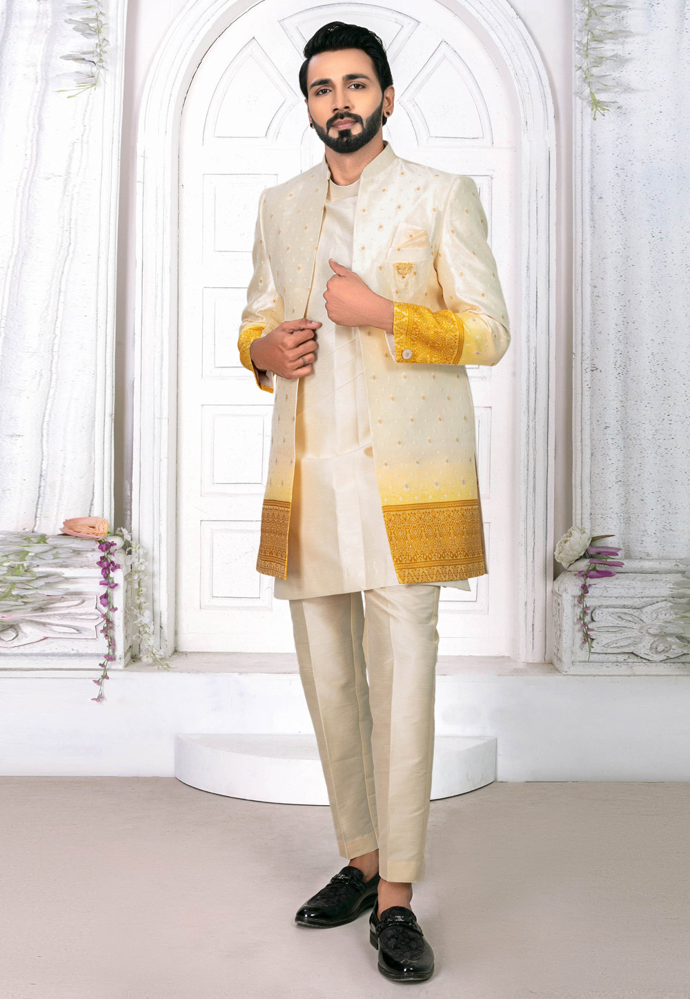 Beige Jacquard Jacket Style Sherwani 269638