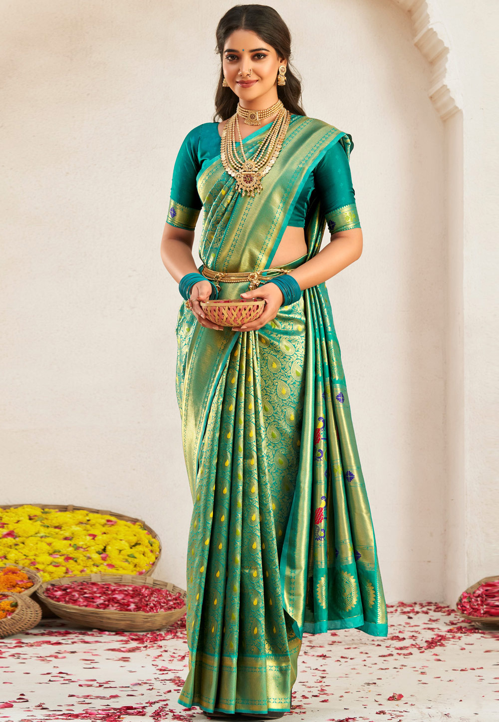 Teal Soft Silk Saree With Blouse 269415