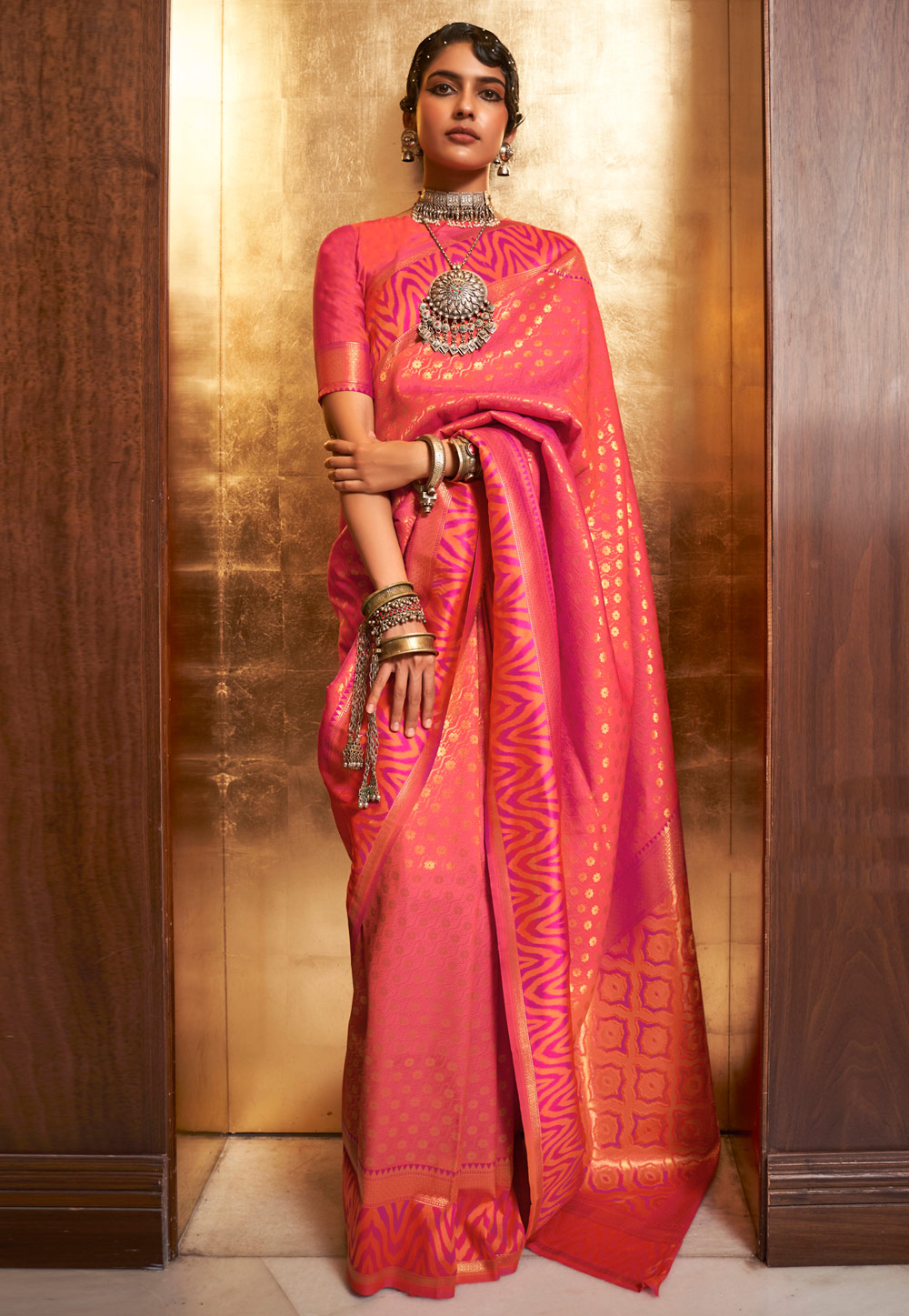 Baby pink silksaree with orange blouse | Indian bride outfits, Bridal sarees  south indian, Indian wedding outfits