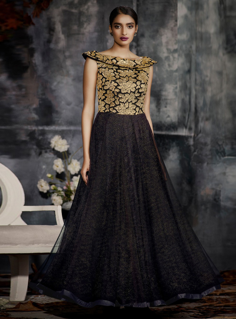 Black Jacquard Readymade Designer Gown 144884