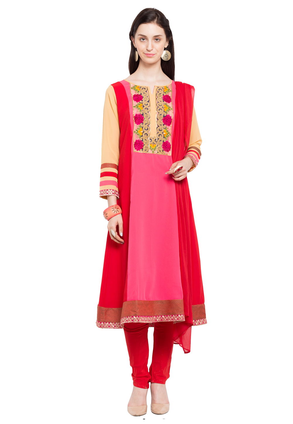Pink Faux Georgette Readymade Churidar Suit 230417