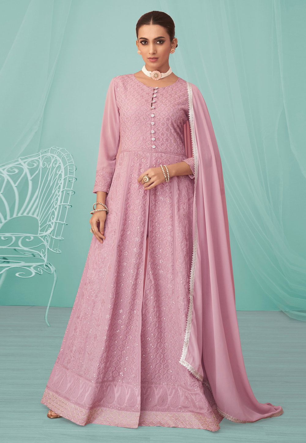 Pink Georgette Readymade Long Anarkali Suit 249571