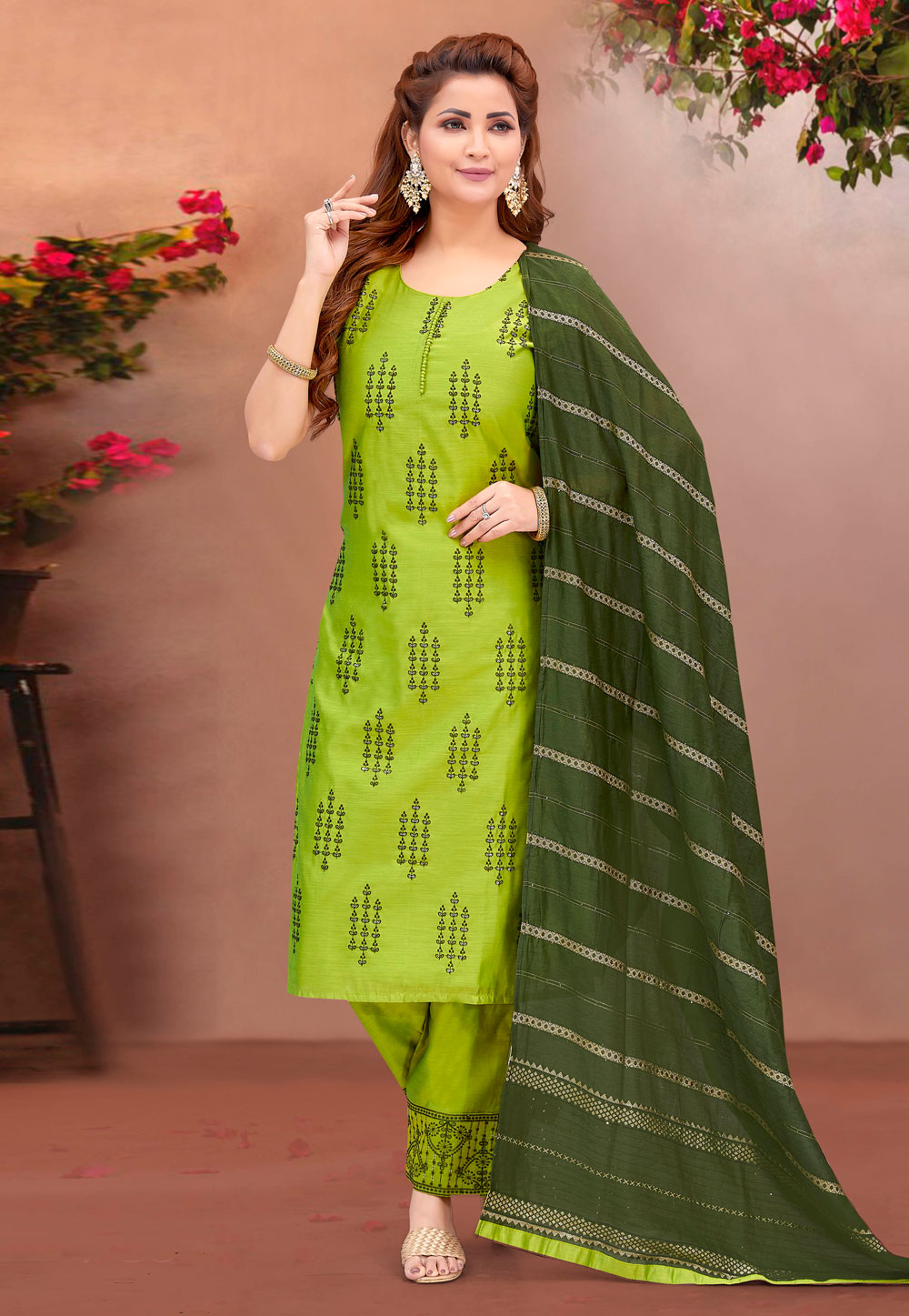 Light Green Chanderi Silk Readymade Pakistani Suit 269497