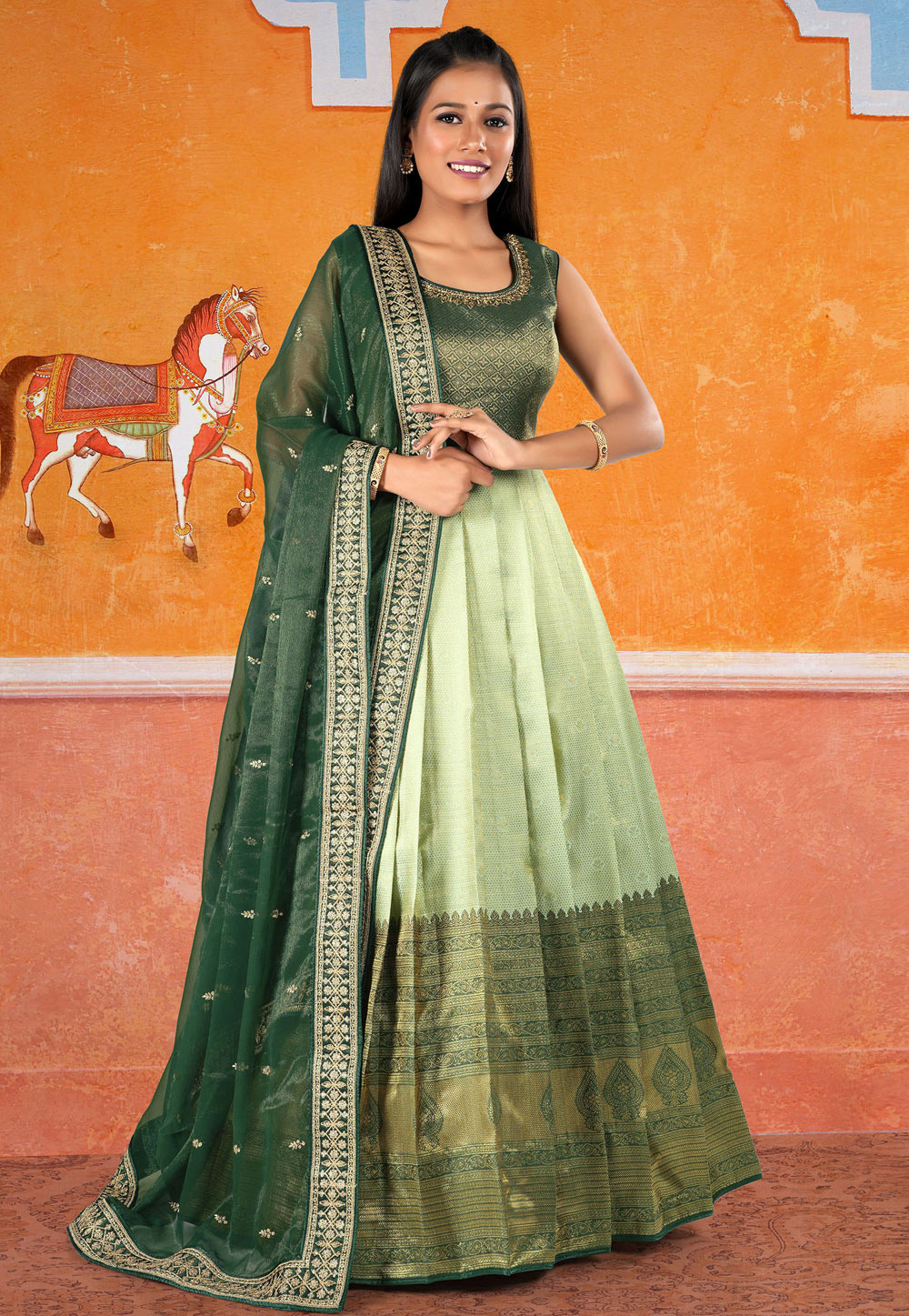 Gauhar Khan Banarasi Silk Long Length Anarkali Suit