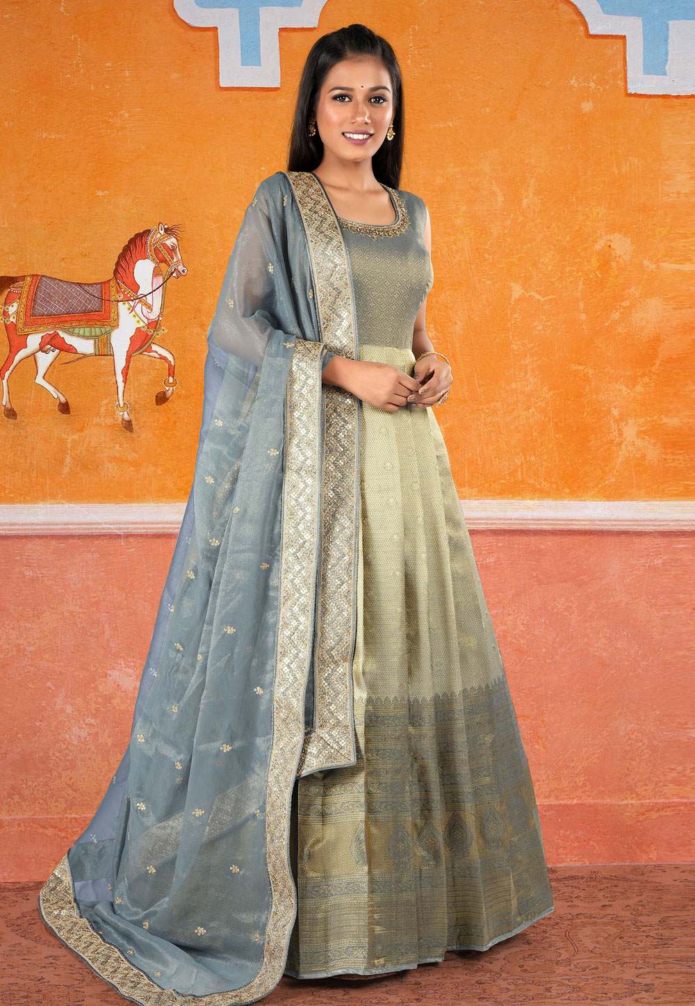Grey Banarasi Long Anarkali Suit 277934