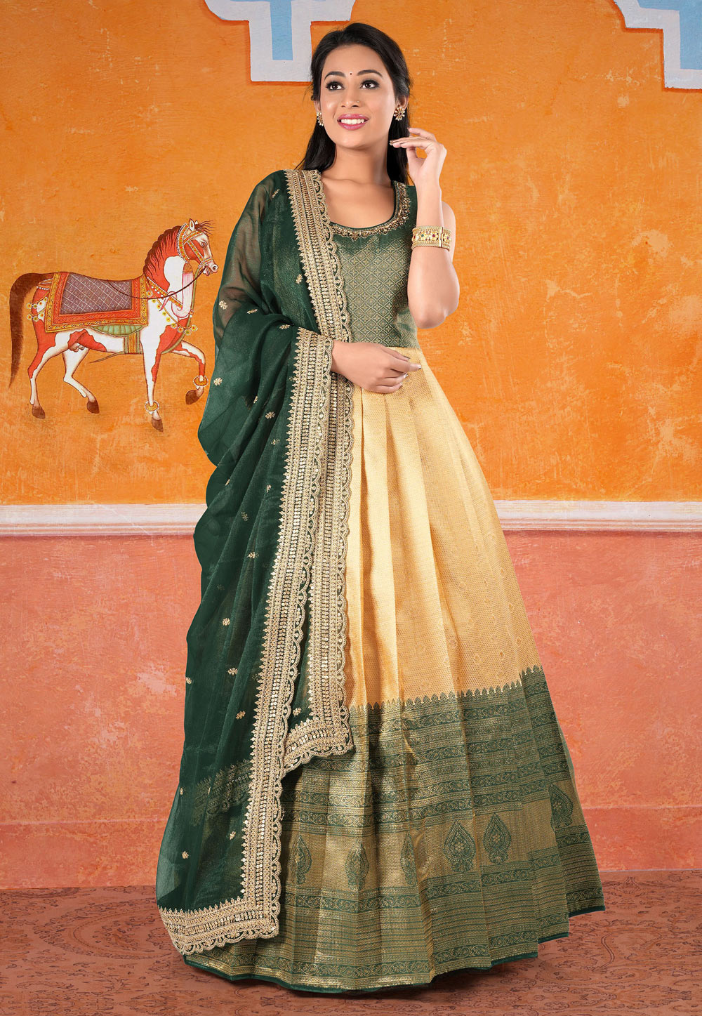 Green Banarasi Floor Length Anarkali Suit 277936