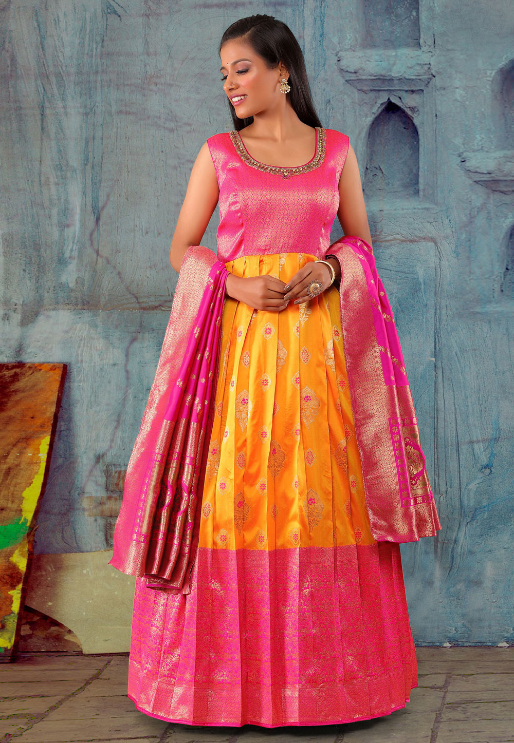 Yellow Banarasi Floor Length Anarkali Suit 277945