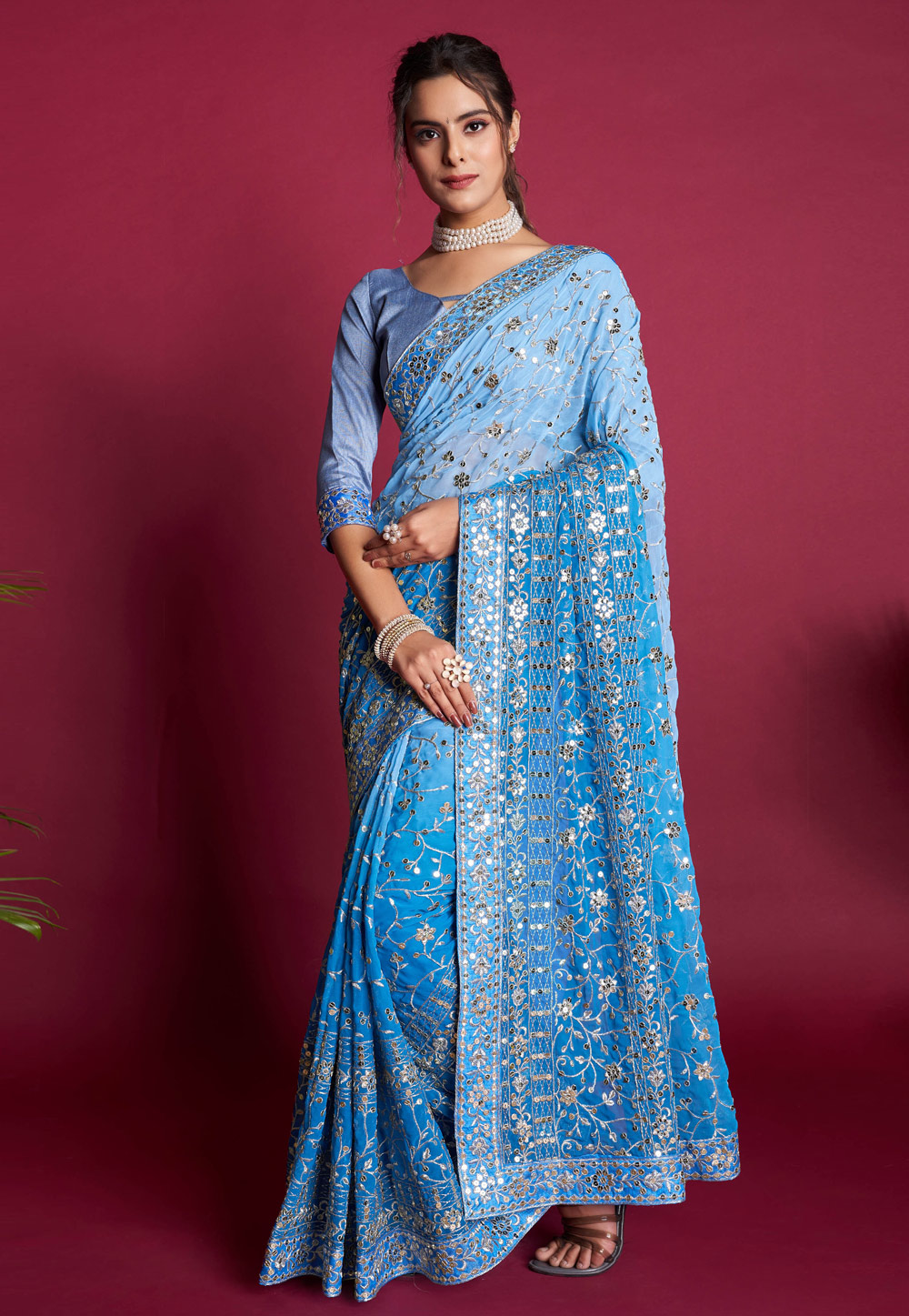 Sky Blue Georgette Saree With Blouse 269468