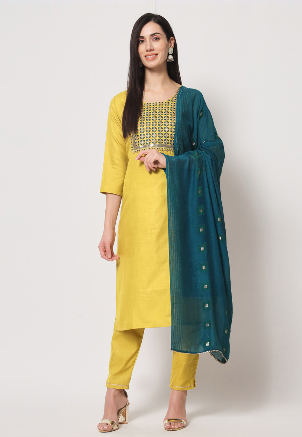 Yellow Cotton Readymade Pant Style Suit 269701
