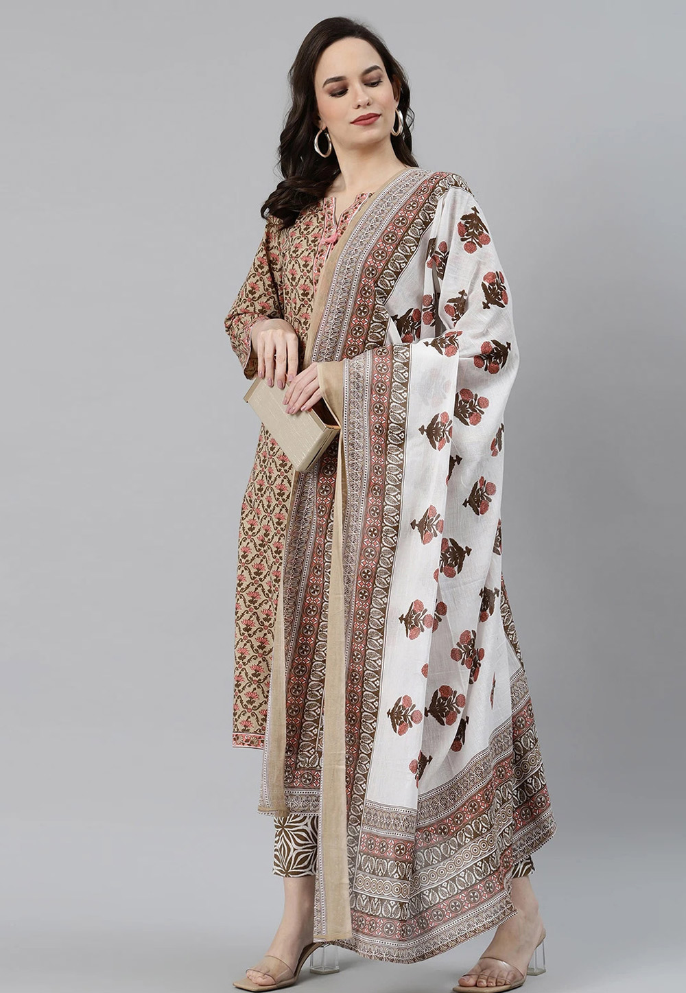 Beige Cotton Readymade Kameez With Pant 223400
