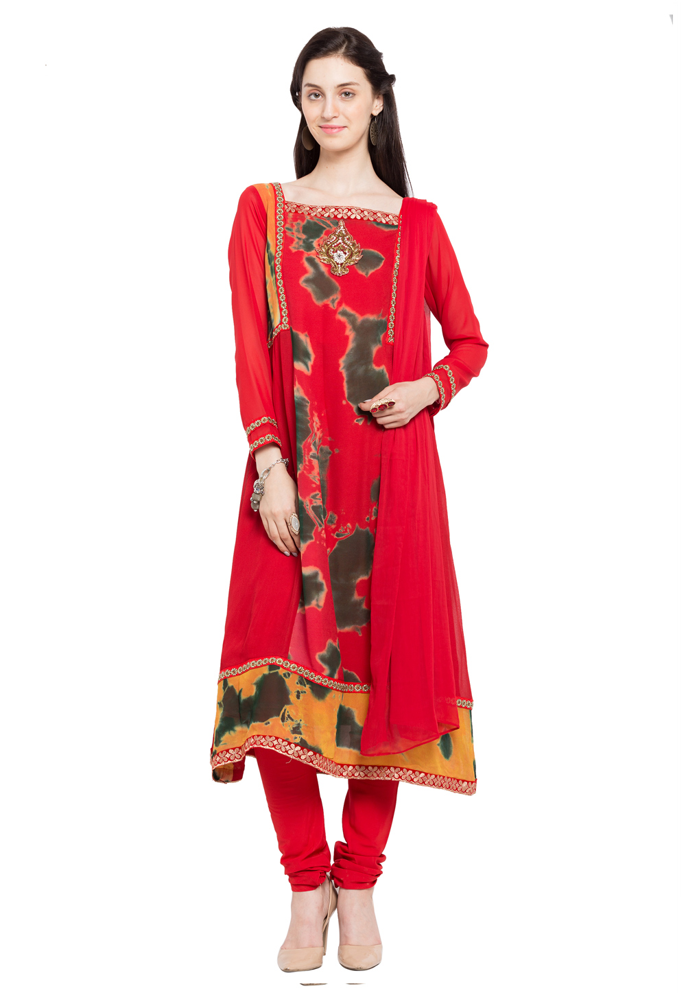 Red Faux Georgette Readymade Churidar Suit 230421