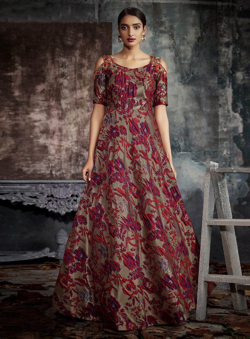 Maroon Jacquard Readymade Designer Gown 144888