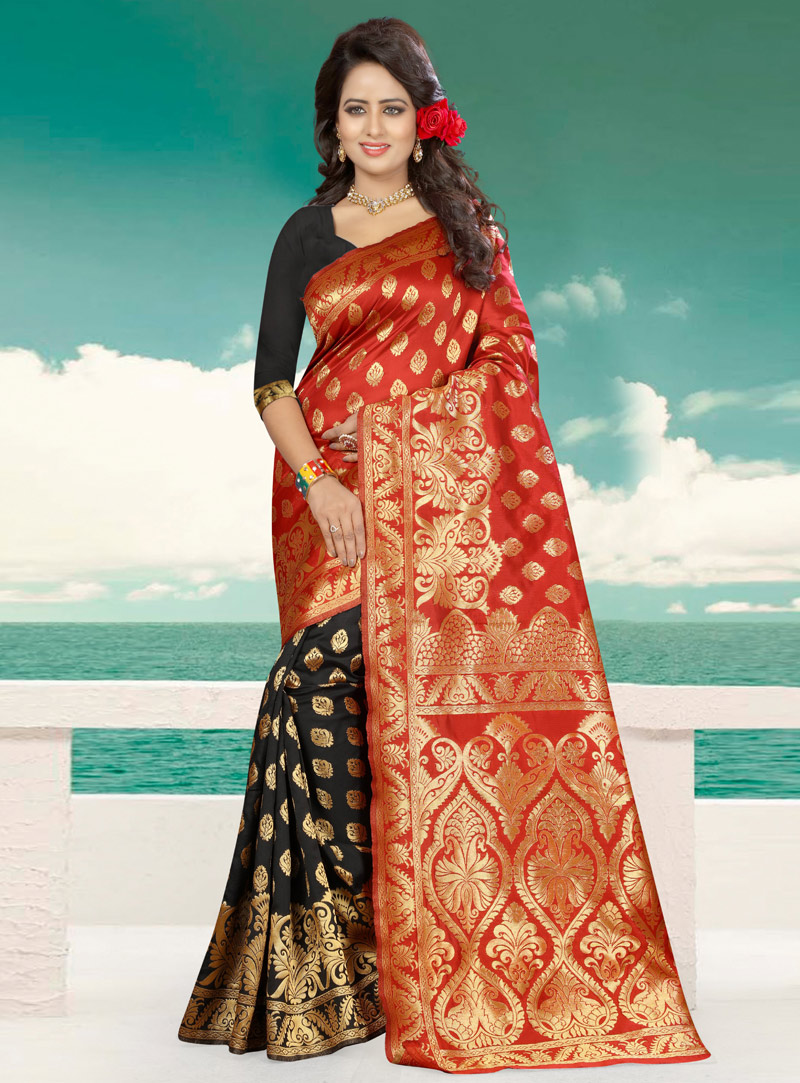 Red Banarasi Silk Half N Half Saree 105707
