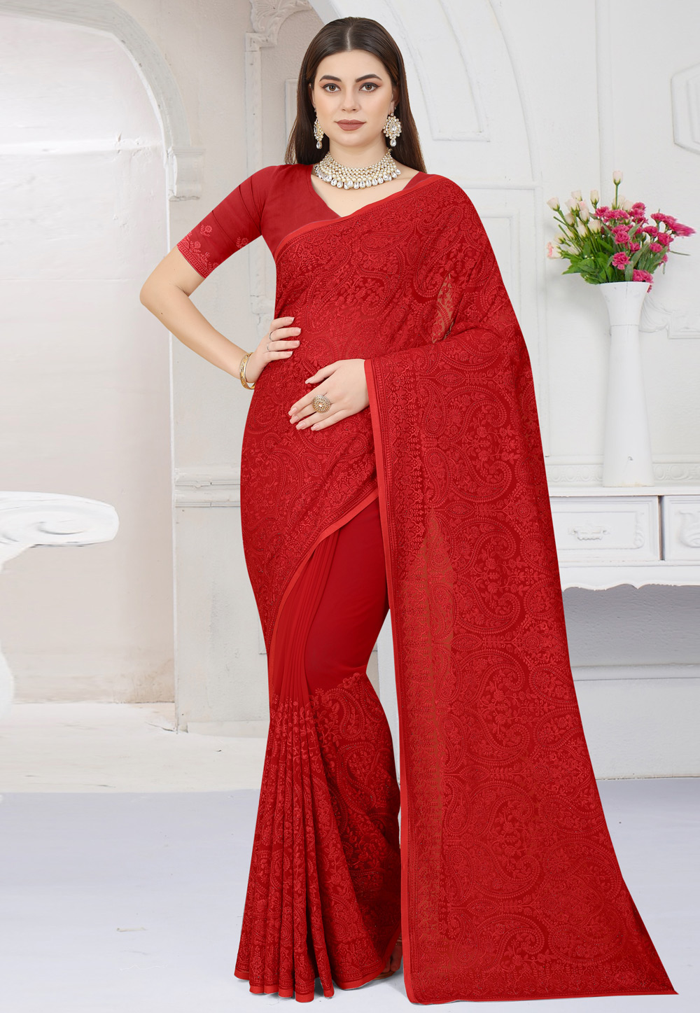 Red Georgette Saree With Blouse 258359