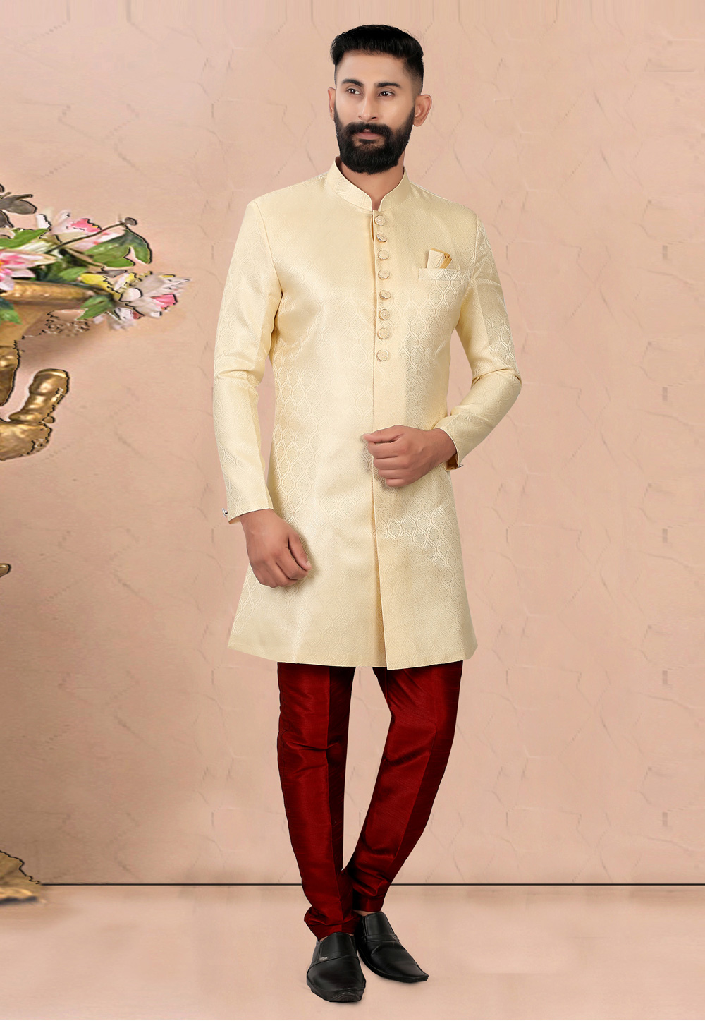 Beige Jacquard Achkan Style Sherwani 270470