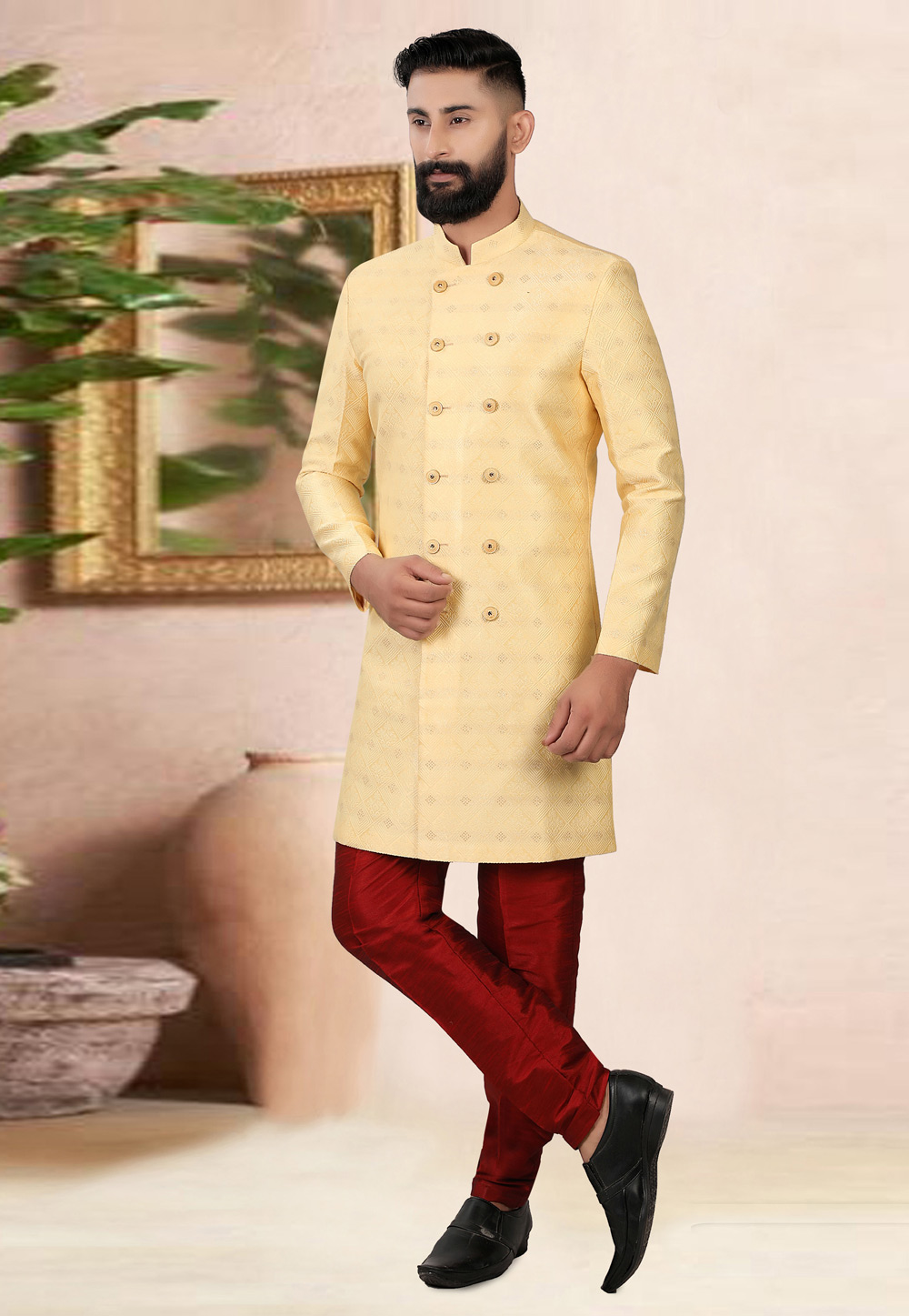 Beige Jacquard Achkan Style Sherwani 270471