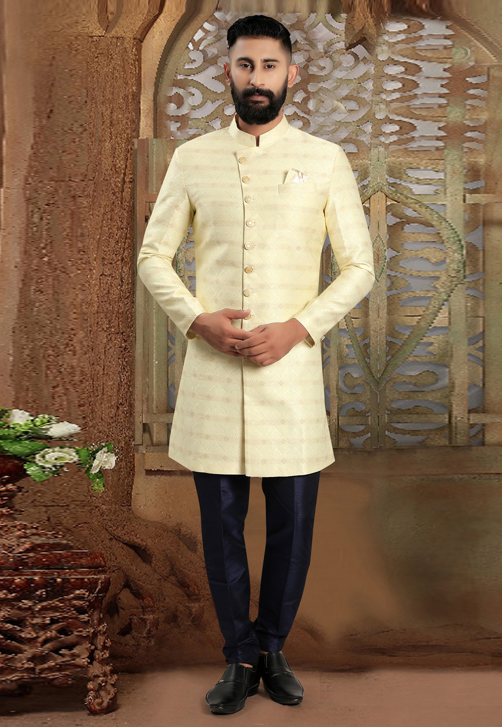 Cream Jacquard Achkan Style Sherwani 270472