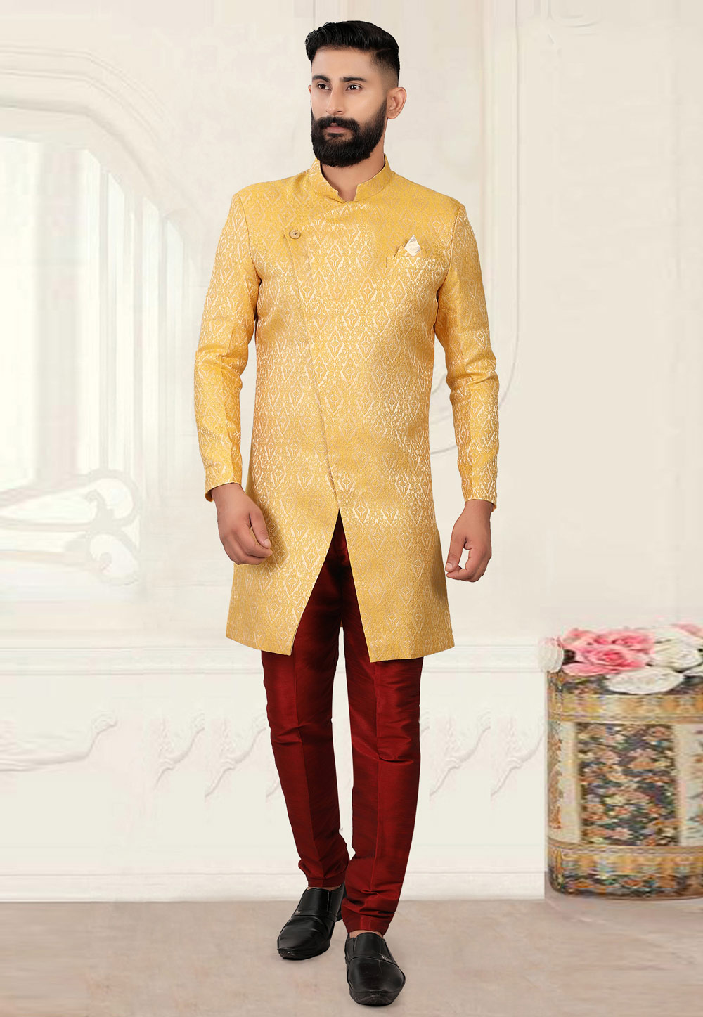 Beige Jacquard Indo Western Sherwani 270475