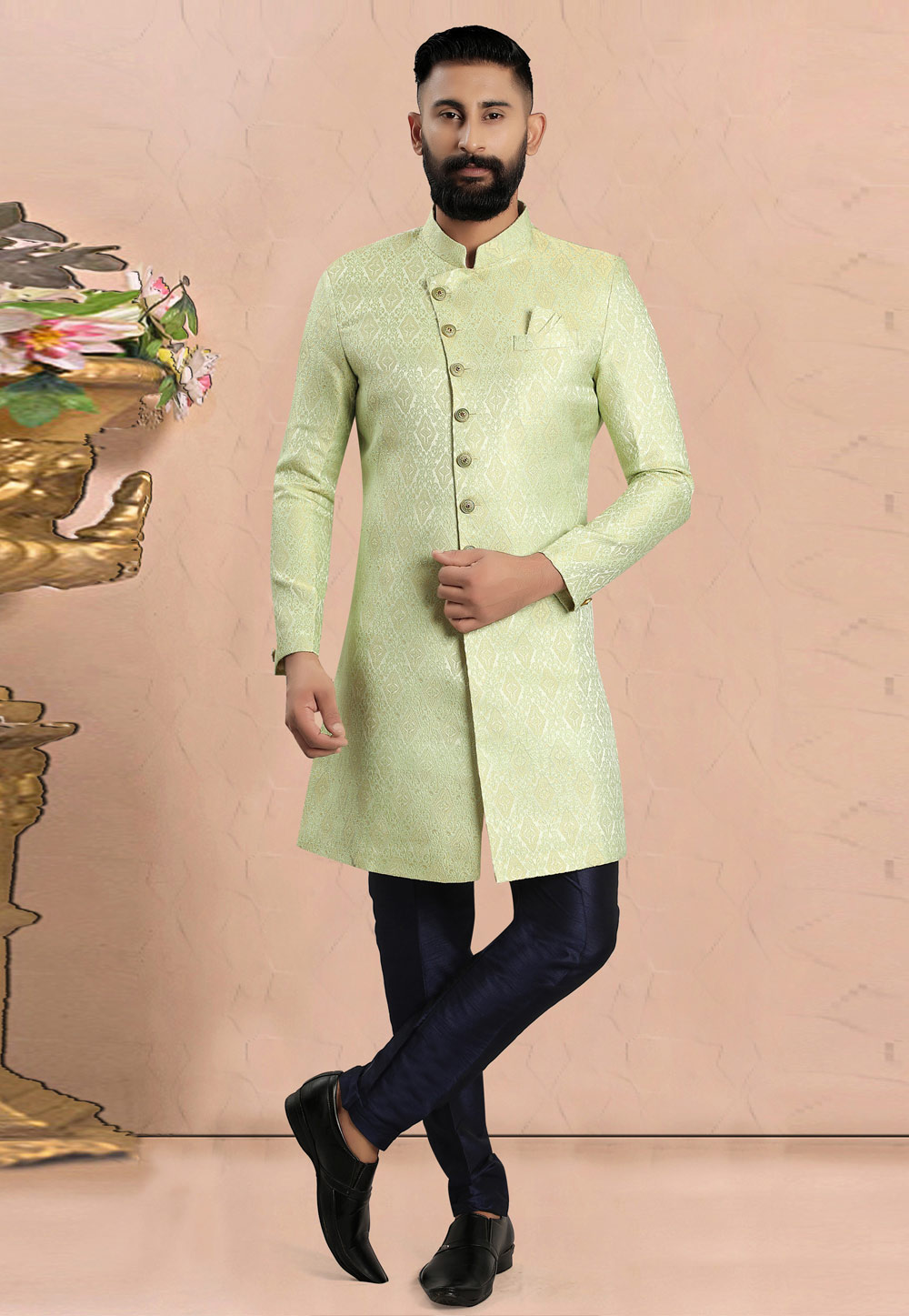 Pista Green Jacquard Indo Western Sherwani 270476