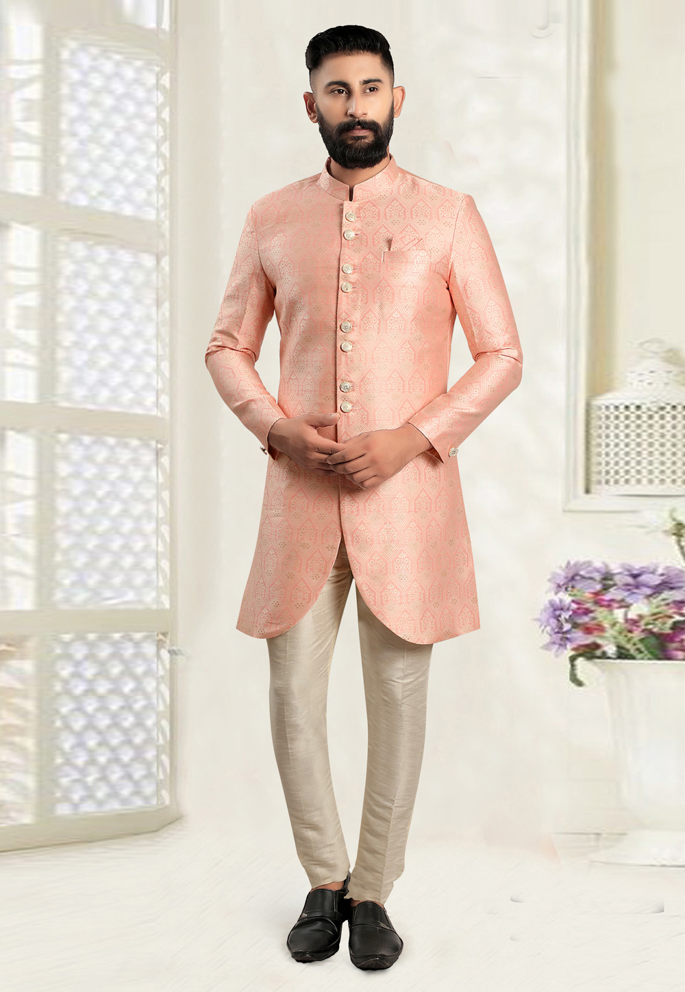 Pink Jacquard Indo Western Sherwani 270477