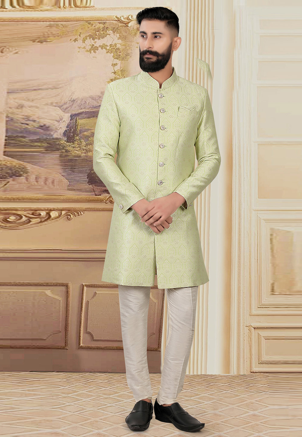 Pista Green Jacquard Achkan Style Sherwani 270478