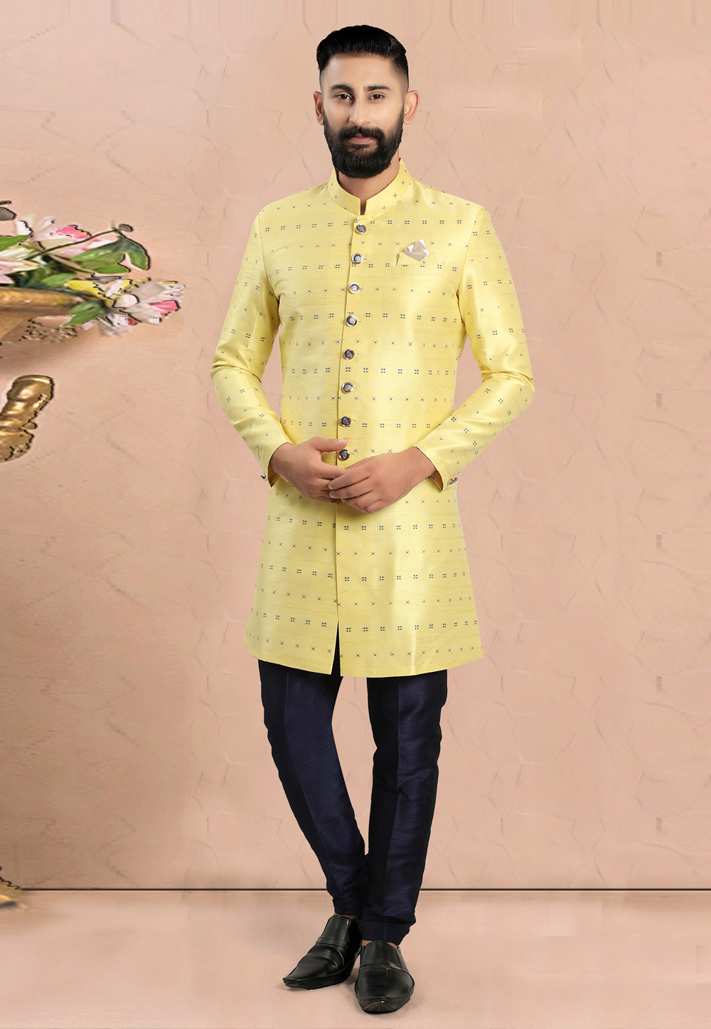 Yellow Jacquard Achkan Style Sherwani 270479