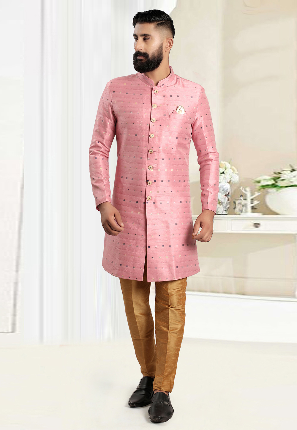 Pink Jacquard Achkan Style Sherwani 270480