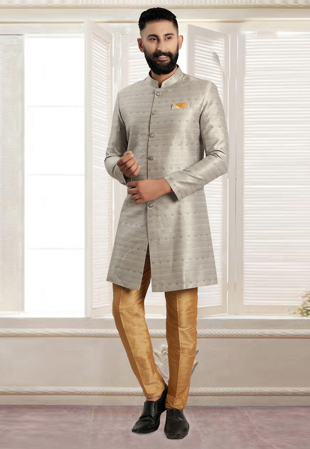 Grey Jacquard Achkan Style Sherwani 270482