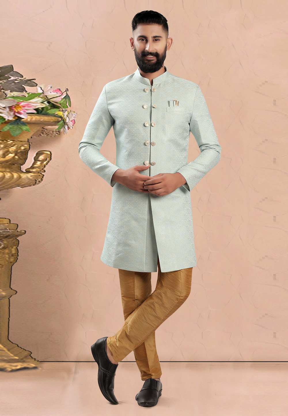Sky Blue Jacquard Indo Western Sherwani 270485