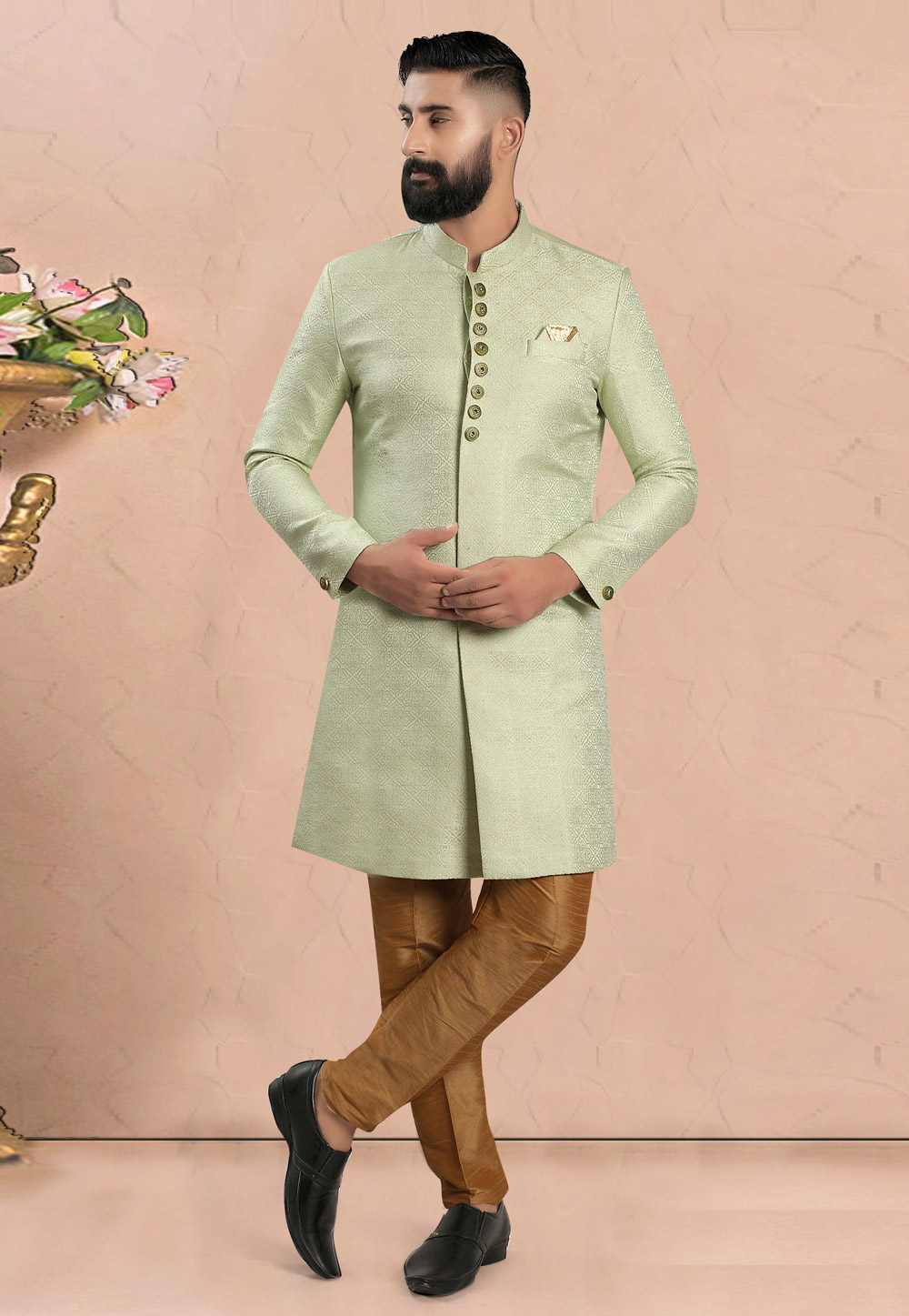 Pista Green Jacquard Indo Western Sherwani 270486