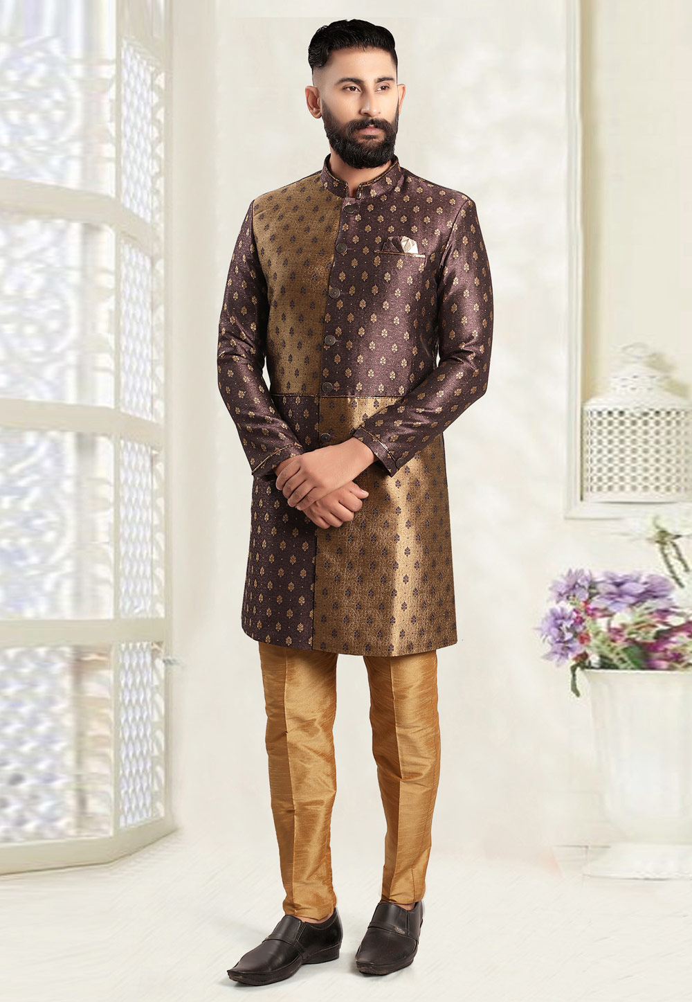 Wine Jacquard Achkan Style Sherwani 270488