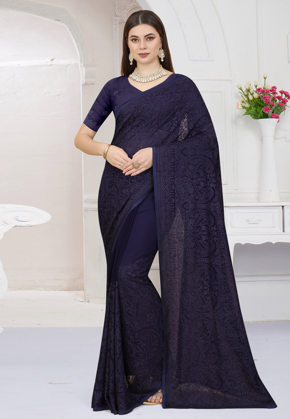 Navy Blue Georgette Saree With Blouse 258360
